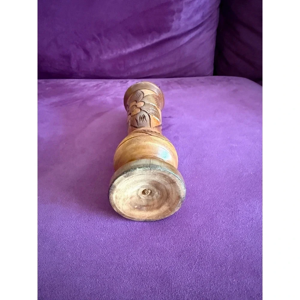 Hand Carved Vtg Wood Vase Flower Tiki Bar MCM Standing 8.25
